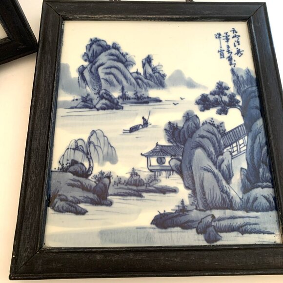 2 Chinese Export Canton Porcelain Wall Plaques Blue & White Wood Framed 9x10.25 - Picture 3 of 8